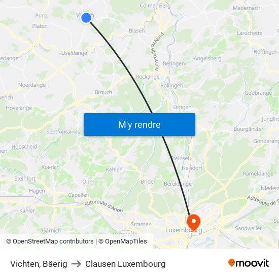 Vichten, Bäerig to Clausen Luxembourg map