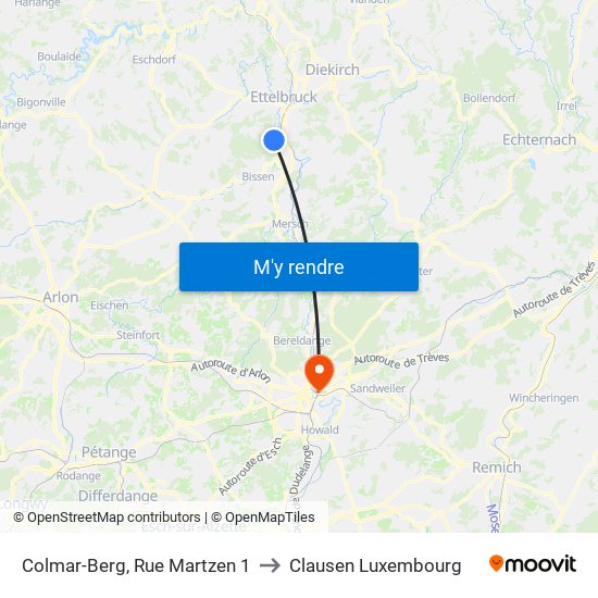 Colmar-Berg, Rue Martzen 1 to Clausen Luxembourg map