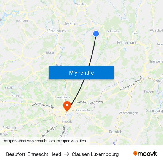 Beaufort, Ennescht Heed to Clausen Luxembourg map