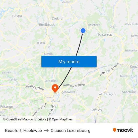 Beaufort, Huelewee to Clausen Luxembourg map