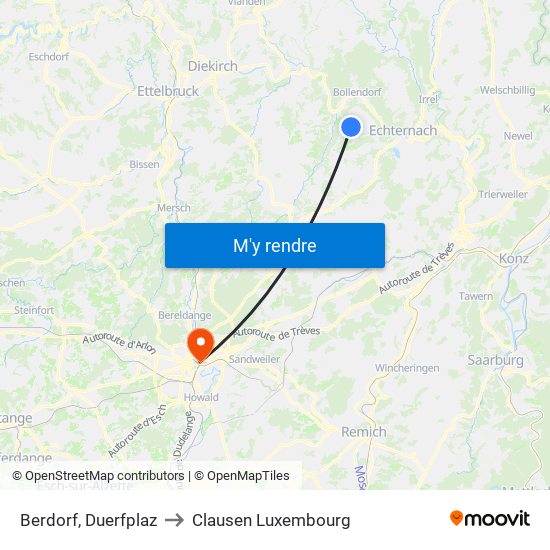 Berdorf, Duerfplaz to Clausen Luxembourg map