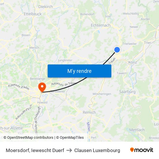 Moersdorf, Iewescht Duerf to Clausen Luxembourg map