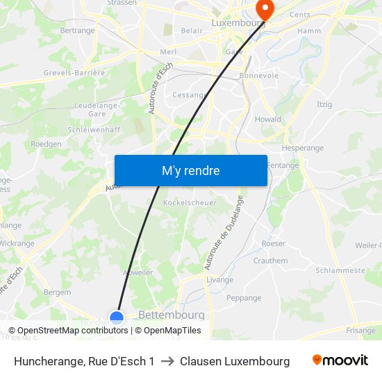 Huncherange, Rue D'Esch 1 to Clausen Luxembourg map