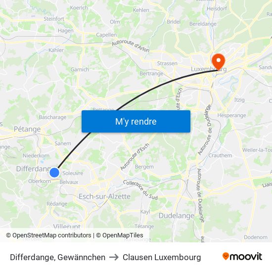 Differdange, Gewännchen to Clausen Luxembourg map