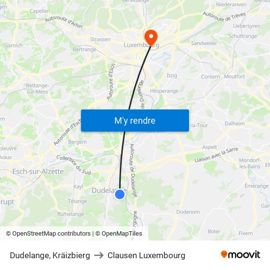 Dudelange, Kräizbierg to Clausen Luxembourg map