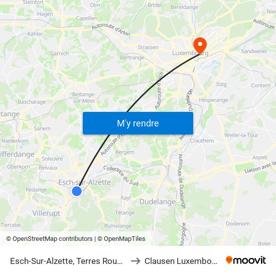 Esch-Sur-Alzette, Terres Rouges to Clausen Luxembourg map