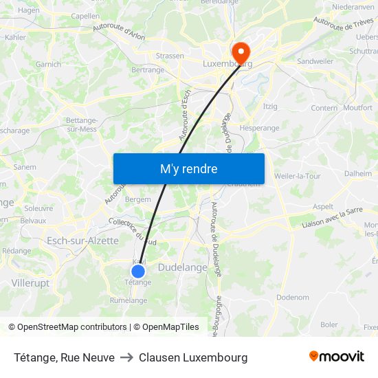 Tétange, Rue Neuve to Clausen Luxembourg map