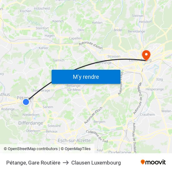 Pétange, Gare Routière to Clausen Luxembourg map