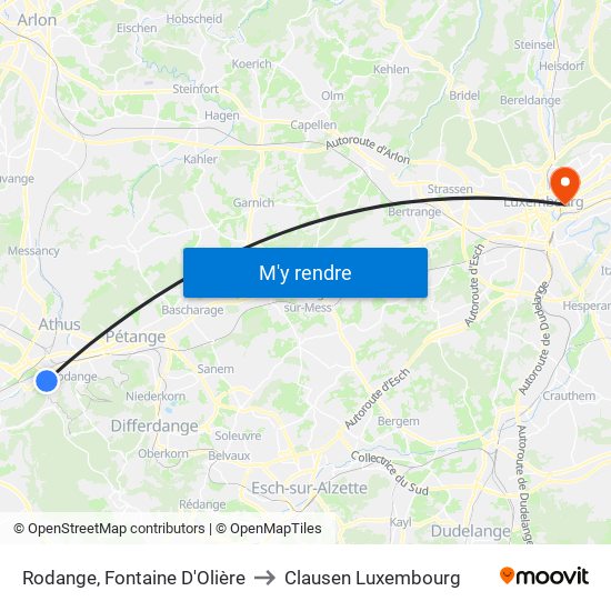 Rodange, Fontaine D'Olière to Clausen Luxembourg map