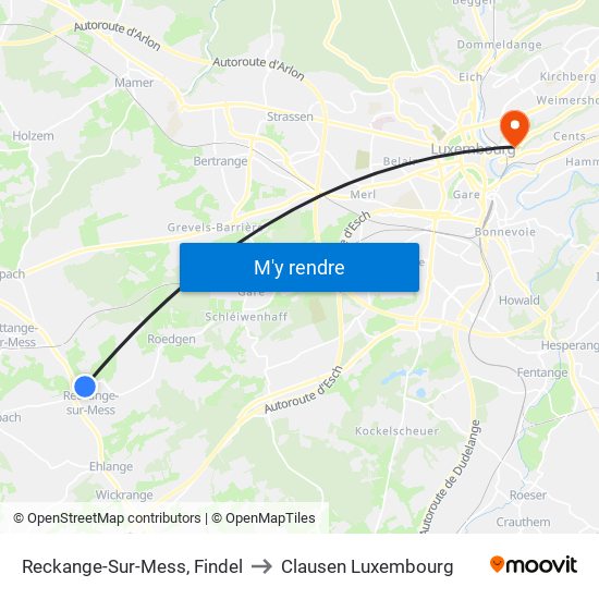 Reckange-Sur-Mess, Findel to Clausen Luxembourg map