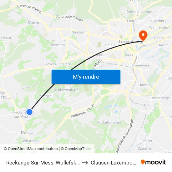 Reckange-Sur-Mess, Wollefskaul to Clausen Luxembourg map