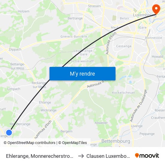 Ehlerange, Monnerecherstrooss to Clausen Luxembourg map