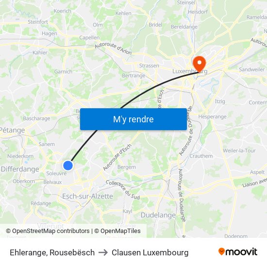 Ehlerange, Rousebësch to Clausen Luxembourg map