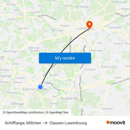 Schifflange, Millchen to Clausen Luxembourg map