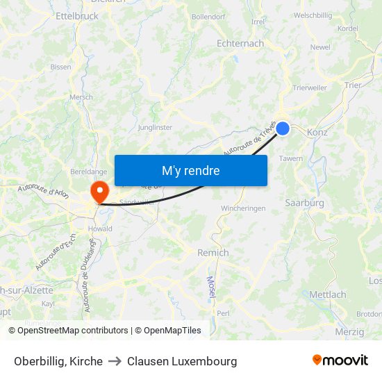 Oberbillig, Kirche to Clausen Luxembourg map