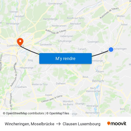 Wincheringen, Moselbrücke to Clausen Luxembourg map