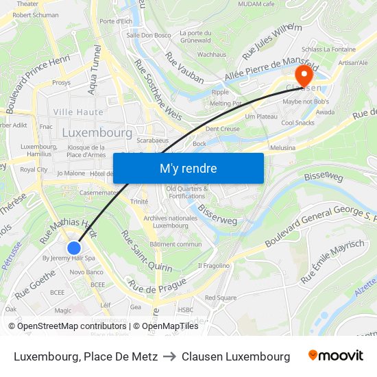 Luxembourg, Place De Metz to Clausen Luxembourg map