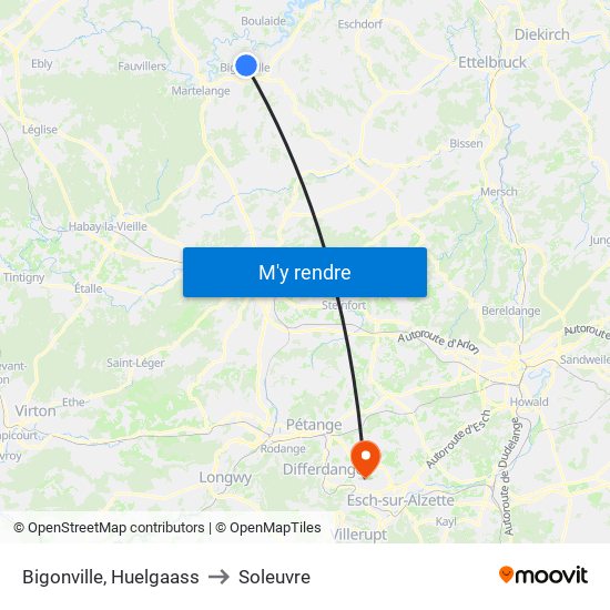 Bigonville, Huelgaass to Soleuvre map