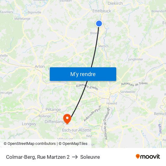 Colmar-Berg, Rue Martzen 2 to Soleuvre map