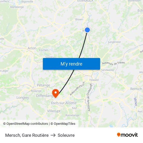 Mersch, Gare Routière to Soleuvre map