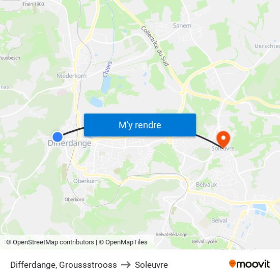 Differdange, Groussstrooss to Soleuvre map