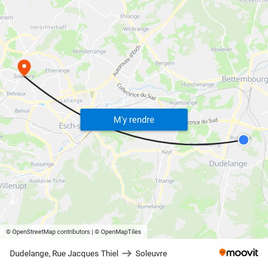 Dudelange, Rue Jacques Thiel to Soleuvre map