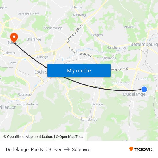 Dudelange, Rue Nic Biever to Soleuvre map