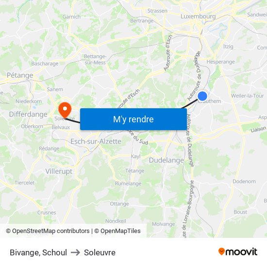 Bivange, Schoul to Soleuvre map
