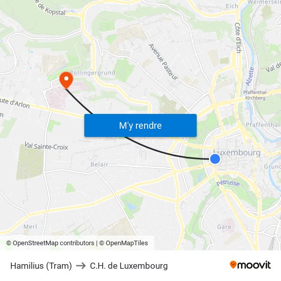 Hamilius (Tram) to C.H. de Luxembourg map