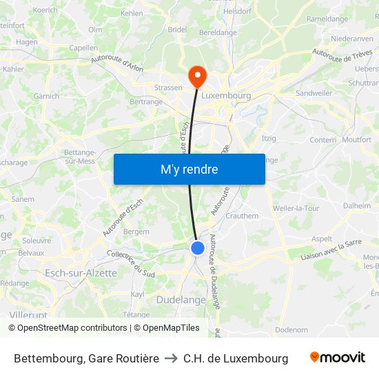 Bettembourg, Gare Routière to C.H. de Luxembourg map