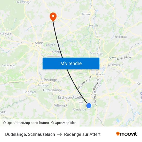 Dudelange, Schnauzelach to Redange sur Attert map
