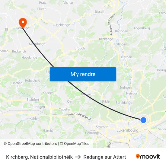 Kirchberg, Nationalbibliothéik to Redange sur Attert map