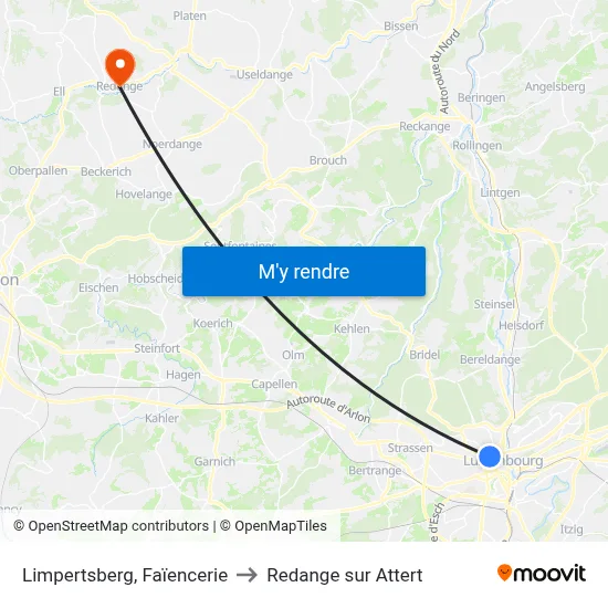 Limpertsberg, Faïencerie to Redange sur Attert map