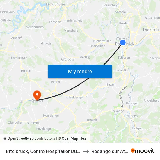 Ettelbruck, Centre Hospitalier Du Nord to Redange sur Attert map