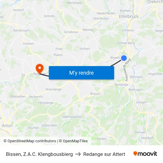 Bissen, Z.A.C. Klengbousbierg to Redange sur Attert map