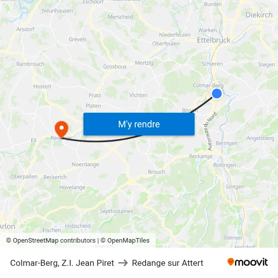 Colmar-Berg, Z.I. Jean Piret to Redange sur Attert map
