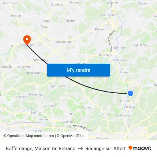 Bofferdange, Maison De Retraite to Redange sur Attert map
