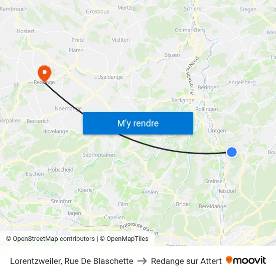 Lorentzweiler, Rue De Blaschette to Redange sur Attert map