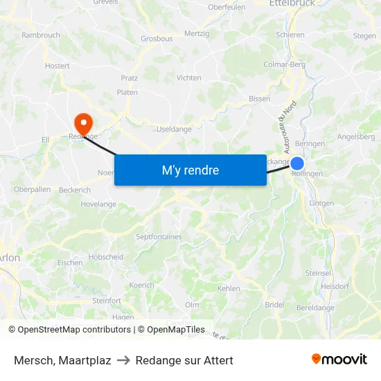 Mersch, Maartplaz to Redange sur Attert map