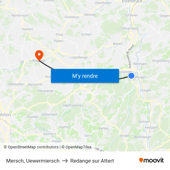 Mersch, Uewermiersch to Redange sur Attert map