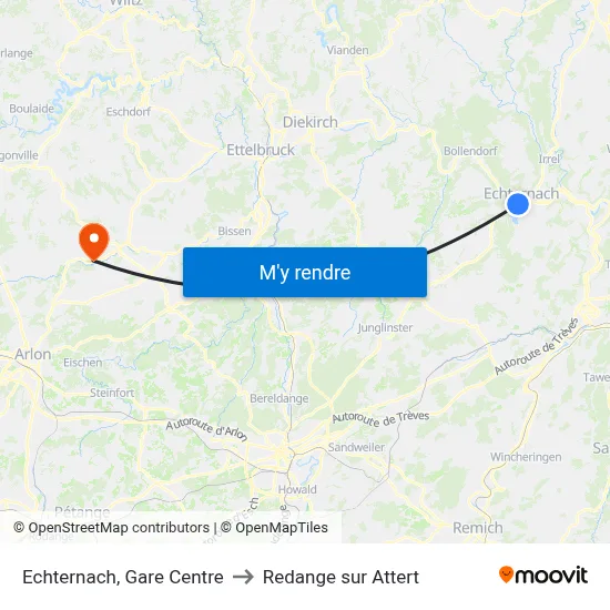 Echternach, Gare Centre to Redange sur Attert map