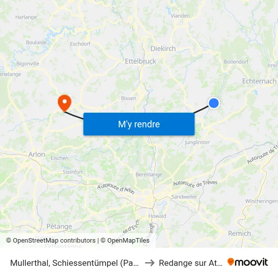 Mullerthal, Schiessentümpel (Parking) to Redange sur Attert map