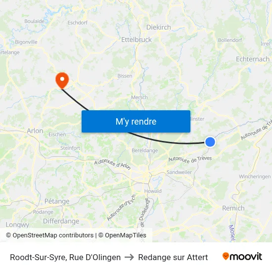 Roodt-Sur-Syre, Rue D'Olingen to Redange sur Attert map