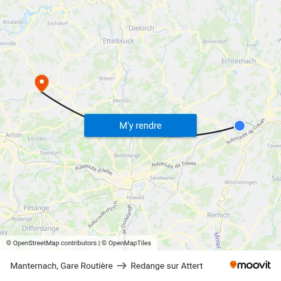 Manternach, Gare Routière to Redange sur Attert map