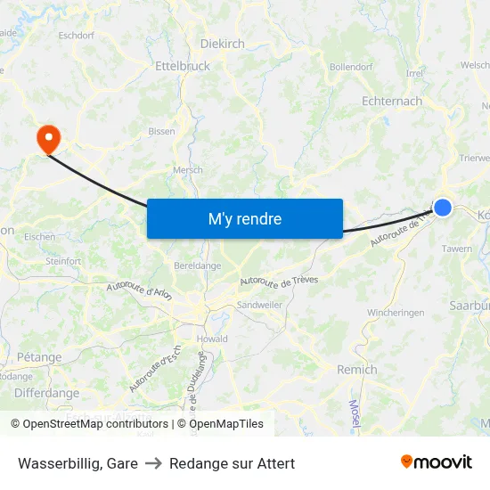 Wasserbillig, Gare to Redange sur Attert map