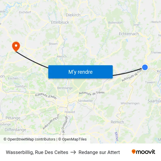 Wasserbillig, Rue Des Celtes to Redange sur Attert map