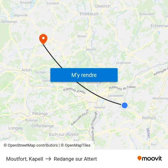 Moutfort, Kapell to Redange sur Attert map