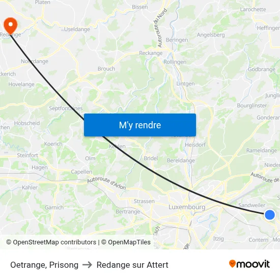 Oetrange, Prisong to Redange sur Attert map