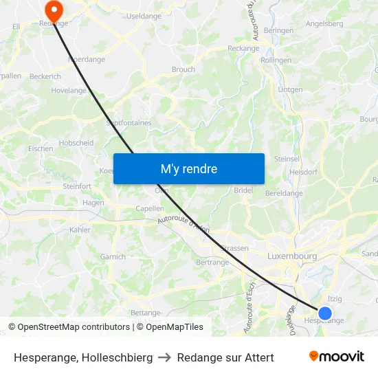 Hesperange, Holleschbierg to Redange sur Attert map