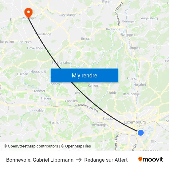Bonnevoie, Gabriel Lippmann to Redange sur Attert map